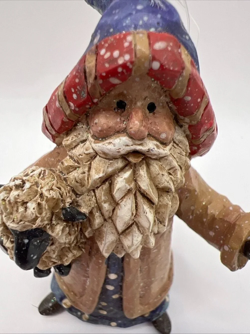 Vtg Carved Santa Folk Art Holding Sheep Wizard Santa Resin